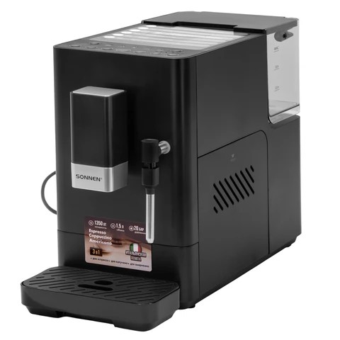 Кофемашина SONNEN ACM-1002, ручной капучинатор, 1,5л, 1350Вт, 20 бар, 15 степеней помола, выбор крепости и объема