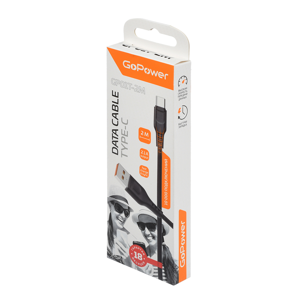 Кабель GoPower GP01T-2M USB (m)-Type-C (m) 2.0м 2.1A черный