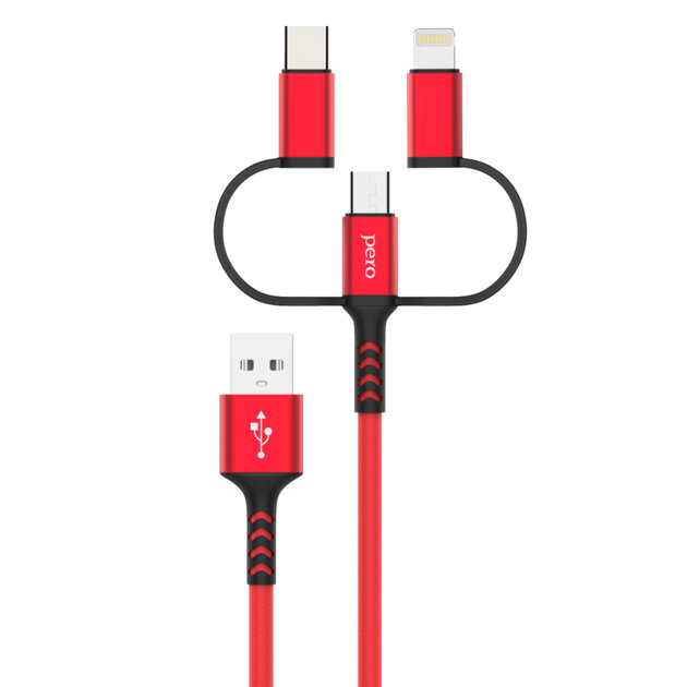 Дата-кабель PERO DC-06 Universal 3 in 1 Lightning/micro USB/Type-C, 3А, 1м красный