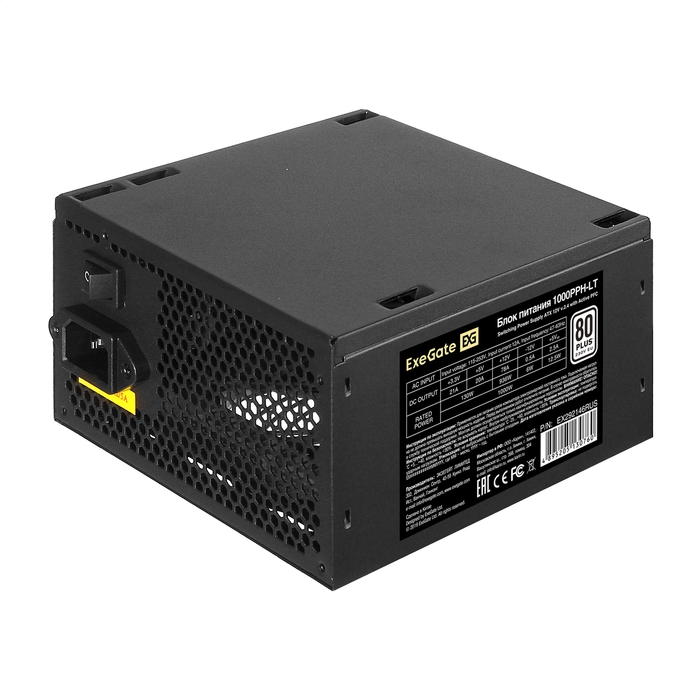 Блок питания ExeGate 1000PPH-LT EX292146RUS-S 1000W (ATX, APFC, SC, КПД 82 (80 Plus), 12cm fan, 24pin, (4+4)pin, PCIe, 5xSATA, 3xIDE, кабель 220V)