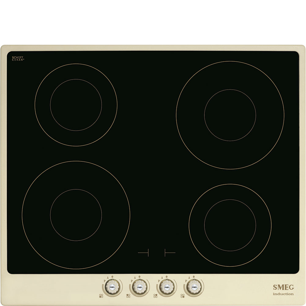 Встраиваемая индукционная панель SMEG SI764POM Cortina 60см, поворотные переключатели, кремовая, латунная фурнитура, черная стеклокерамика