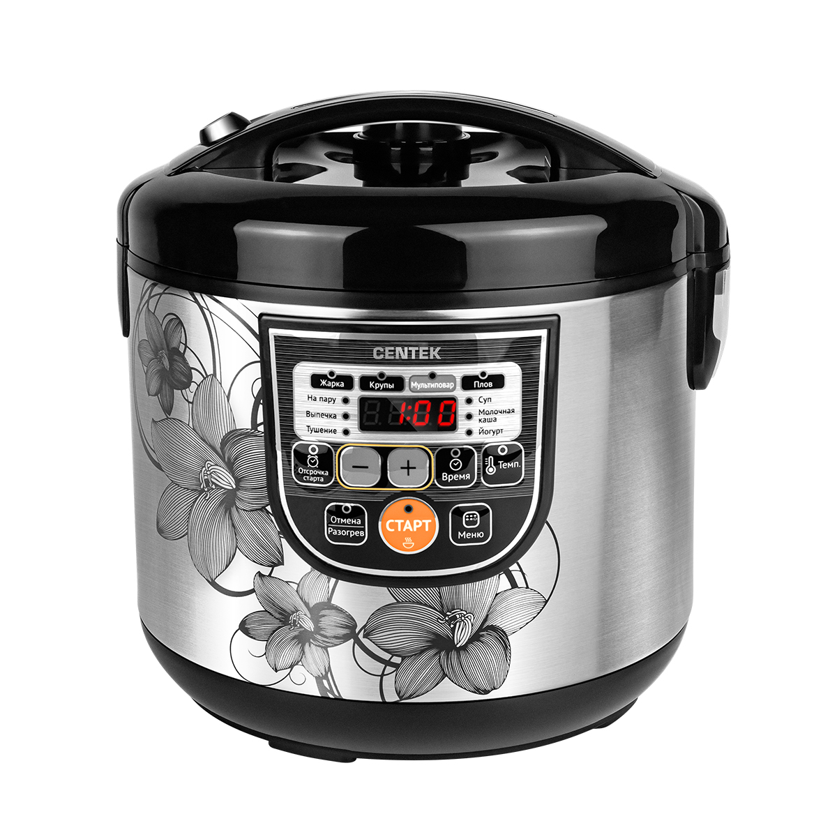 Мультиварка Centek CT-1498 чёрный, сталь 700Вт, 5.0л, 10 программ + 28 программ Мультишеф