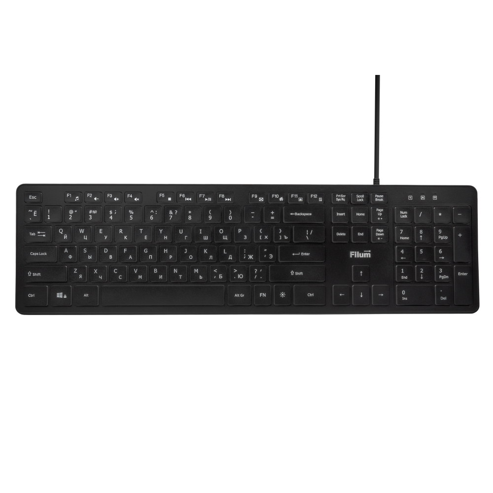 Клавиатура Filum FL-KB25-BK USB 104 кл., проводная, низкопрофильная, мембранная, LED, черная, с подсветкой 3 уровня, Windows XP/Vista/7/8/10, MacOS