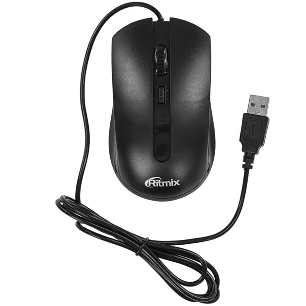 Мышь RITMIX ROM-109 (80004525) проводная черная, кнопки 3+1, кабель - USB 1,5 м, разрешение DPI 800-1200-1600 (1/100)