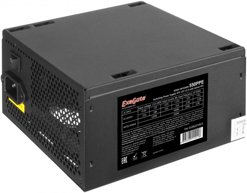 Блок питания Exegate EX282072RUS-S  550W ExeGate 550PPE, ATX, SC, black, APFC, 12cm, 24p+(4+4)p PCI-E, 3*IDE, 5*SATA, FDD