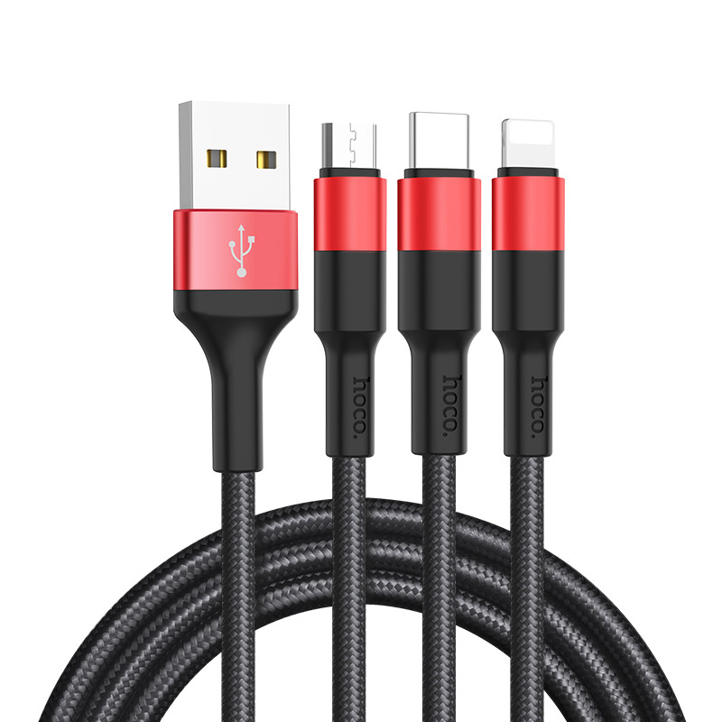Дата-кабель HOCO X26 Xpress one pull three charging cable,lightning+Micro+Type-c black＆red
