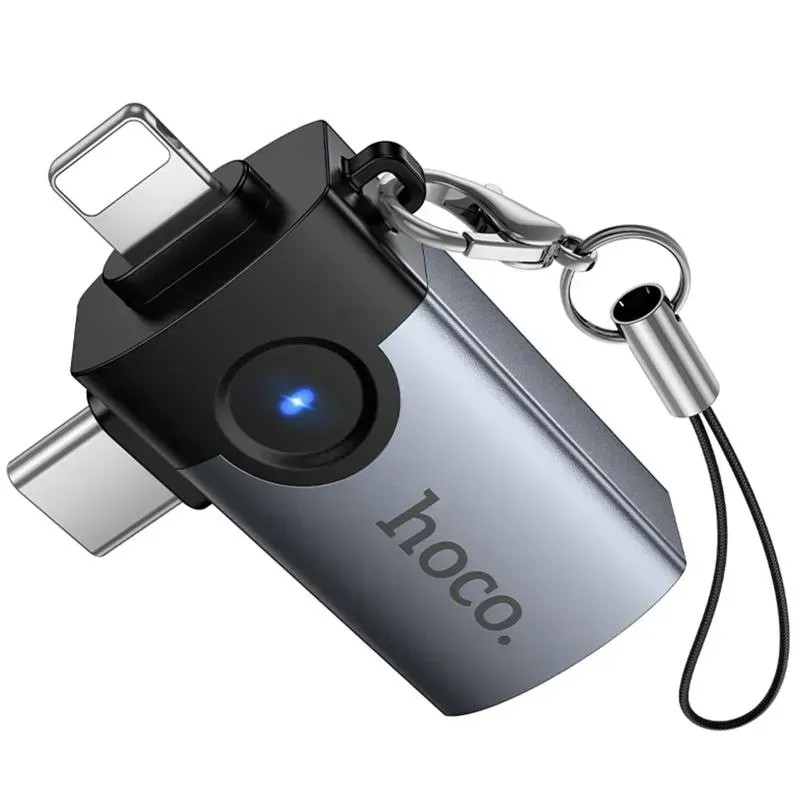 Адаптер HOCO UA46D Vicktory алюминиевый сплав, разъем Lightning/Type-C для подключения к USB-разъему металлик серый