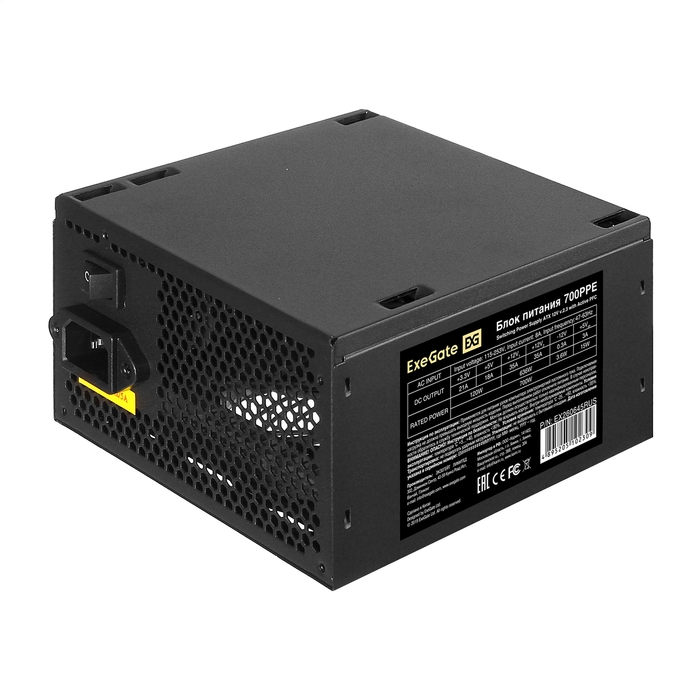 Блок питания ExeGate 700W 700PPE, ATX, SC, black, APFC, 12cm, 24p+(4+4)p, PCI-E, 5xSATA, 3xIDE, FDD + кабель 220V с защитой от выдергивания