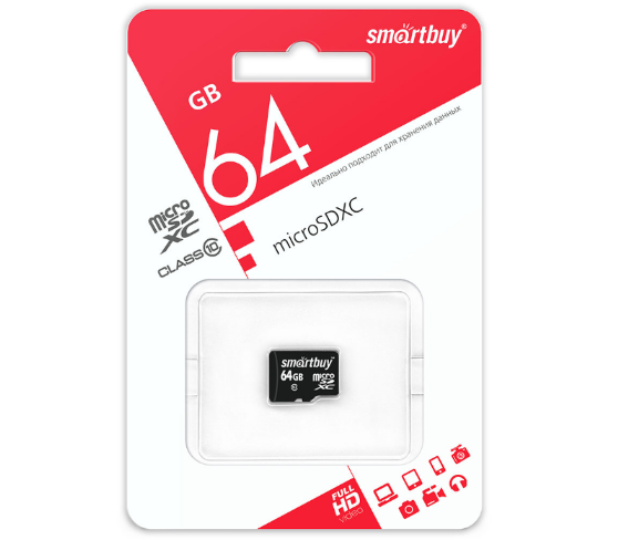 Карта памяти MicroSD 64GB+адаптер SmartBuy К10 (SB64GBSDCL10-01LE)