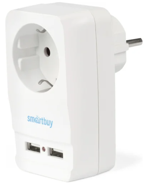 Адаптер-фильтр SMARTBUY (SBE-16-A05-USB) 1 гнездо с заземлением 16A, 2 USB 2.1 A