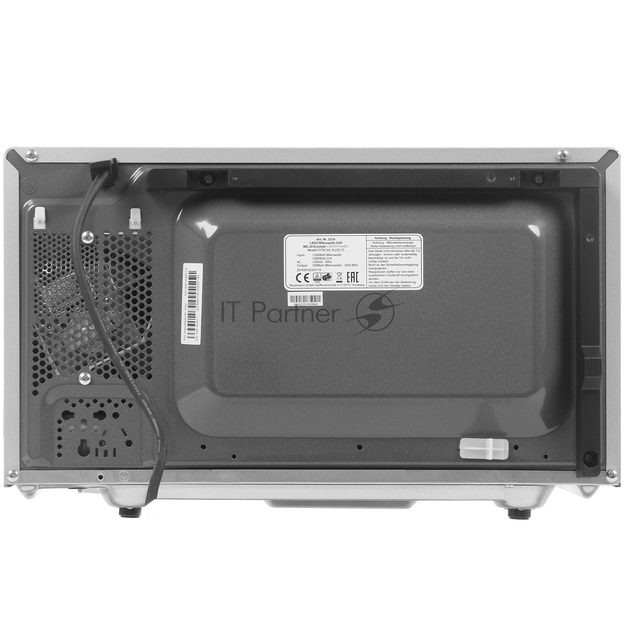Микроволновая печь CASO MG 20 Ecostyle Ceramic серебристый/черный, 20 л, 700 Вт, переключатели - поворотный механизм