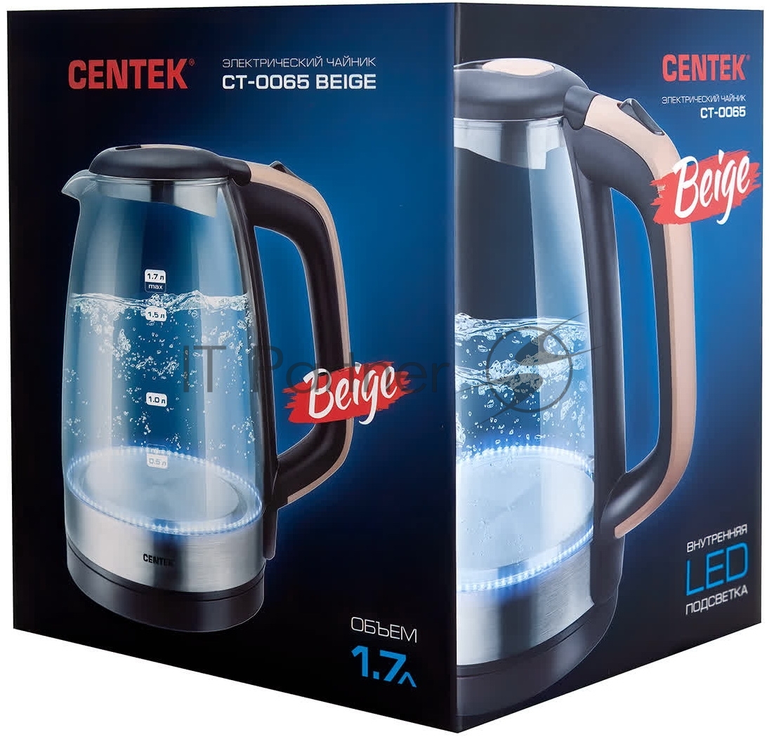Чайник электрический Centek CT-0065 бежевый, 1.7 л, 2200 Вт, скрытый нагревательный элемент