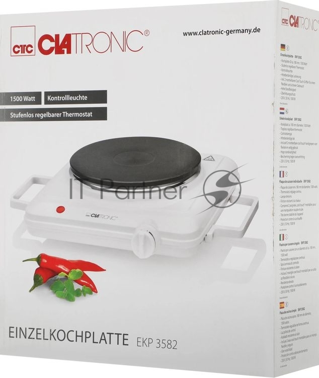 Плита настольная электрическая Clatronic EKP 3582 белый, 1.5 кВт, ТЭН, конфорки - 1, эмаль, поворотные переключатели