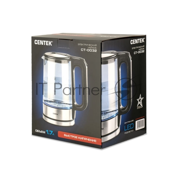 Чайник электрический Centek CT-0032 прозрачный, 1.7 л, 2200 Вт, скрытый нагревательный элемент