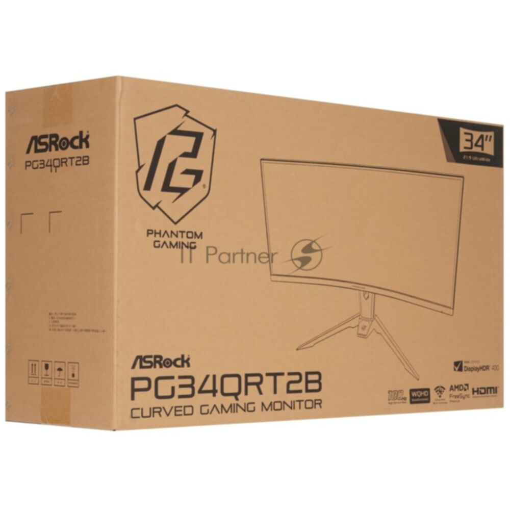 Монитор 34" AsRock Phantom Gaming PG34QRT2B VA 3440x1440, 180 Гц, 1 мс, 21:9, 500 кд/м², 2xHDMI, 2xDisplayPort, изогнутый экран, Flicker Free, Low Blue Light, черный