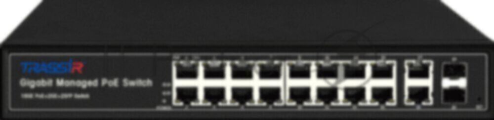 Коммутатор управляемый Trassir TR-NS24202S-300-16PoE с 16 PoE портами (10/100/1000 Мбит/с Base-TX PoE port) и 2 SFP портами и 2 RJ-45 Uplink ports.