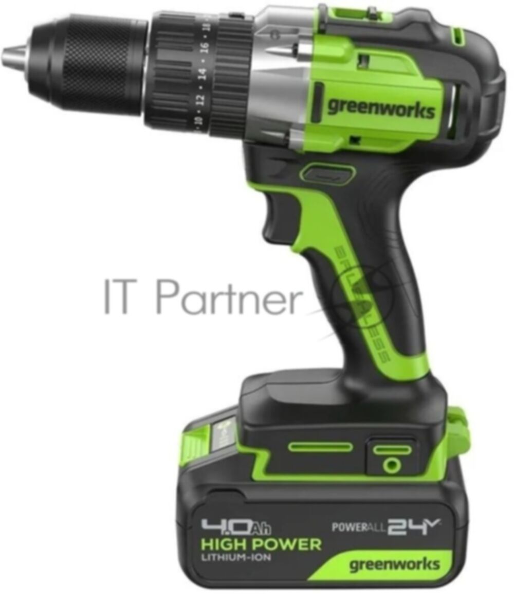 Дрель-шуруповерт GREENWORKS GD24DD60, 24 В, 0 Ач, 60 Нм, бесщеточный, ударный