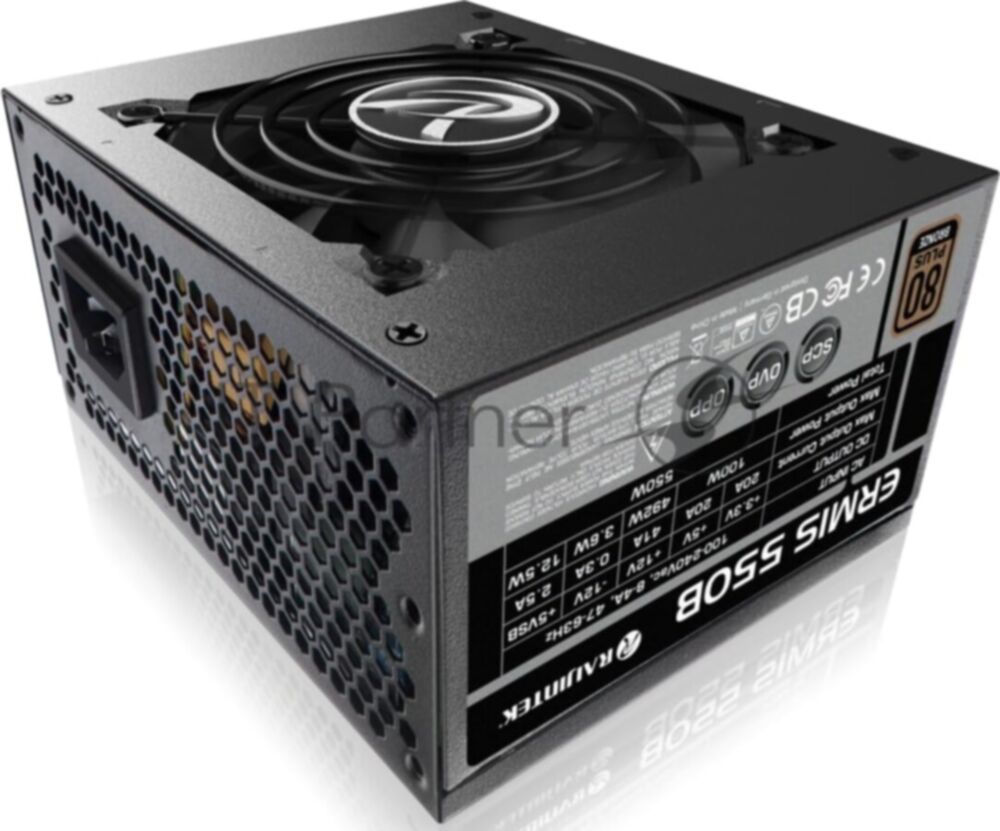 Блок питания Raijintek ERMIS 550B, 550W 80+ Bronze (SFX, Non-modular, 1x24(20+4)pin, 1x4+4-pin CPU, 2x6+2-pin PCIe, 3xSATA3, Active, 80x80mm, 125x100x64mm, APFC, black)