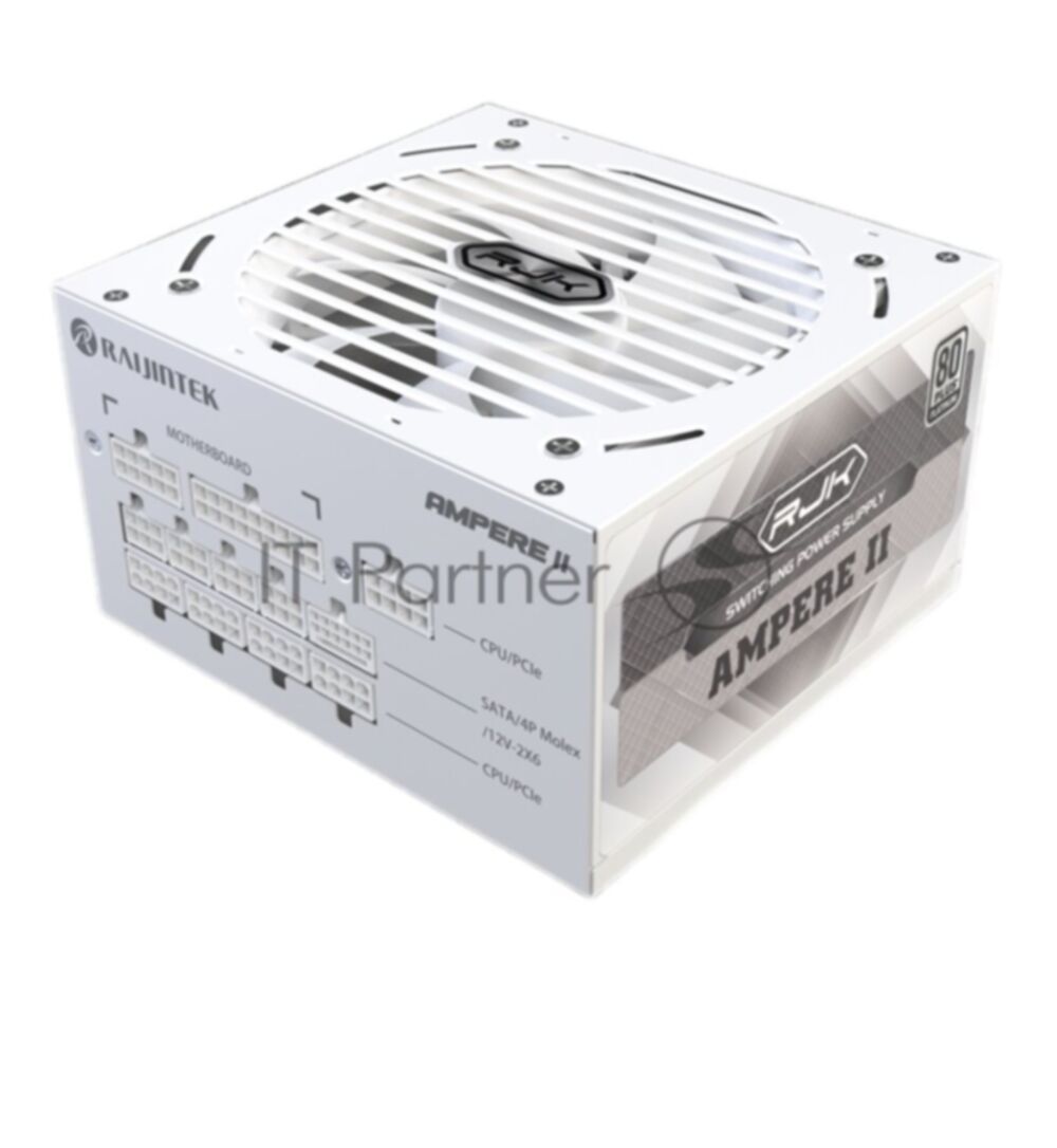 Блок питания Raijintek AMPERE II 1200, 1200W 80+ Platinum (ATX, 3.1, PCIe 5.1, Full-modular, 1x24(20+4)pin, 2x4+4-pin CPU, 3x6+2-pin PCIe, 1x12V(2x6), 10xSATA3, 5xMolex, Active, 120x120mm, 150x140x86mm, APFC, white)