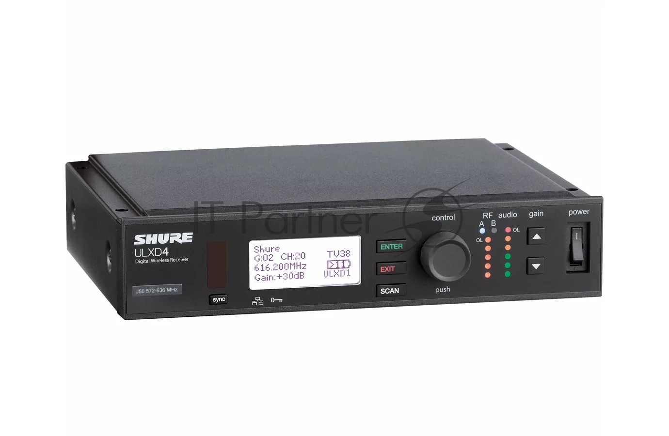 Цифровой двухканальный приемник SHURE [ULXD4DE=-G65] съемные антенны, крепление в рек, Dante, 470 - 606 МГц