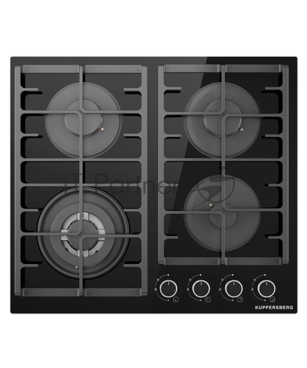 Варочная поверхность Kuppersberg TG 62 B, газ, High-Tech, 60 см, 4 конфорки, автоматический электроподжиг, газ-контроль, форсунки под сжиженый газ, SABAF конфорки, WOK конфорка, чугунные решетки, цвет черное стекло, цвет фурнитуры черный