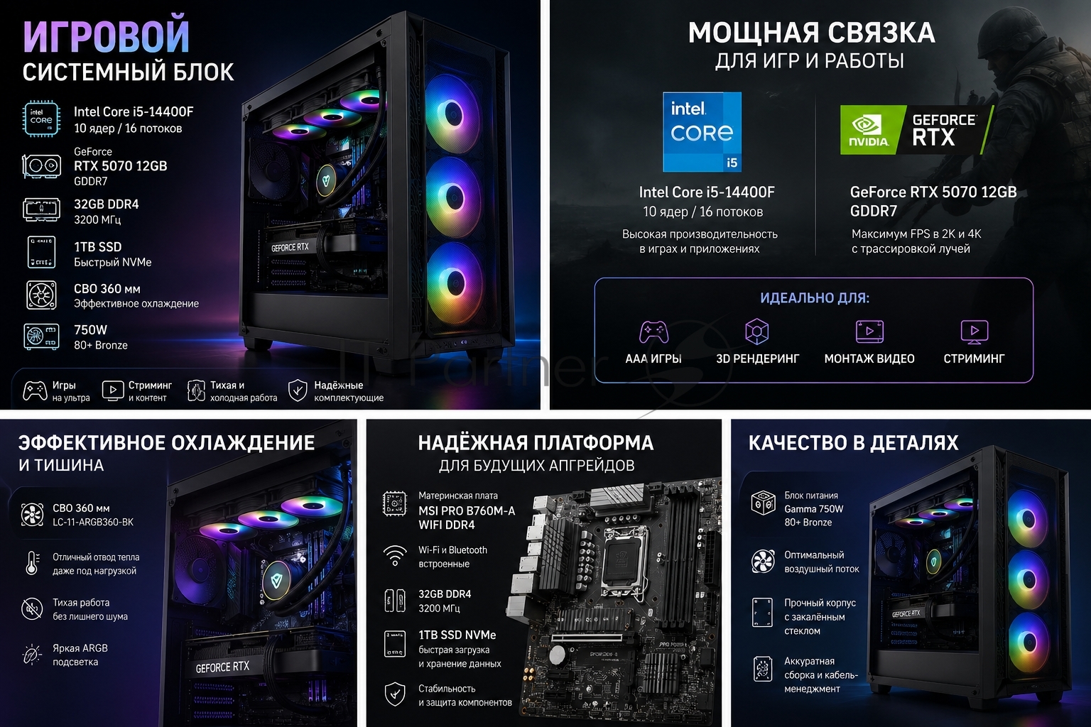Системный блок ITP Premium i5-14400F/16Gb DDR4/B760/SSD 1Tb/RTX5070/DOS/Gamma-C72-BKD400XX-GL