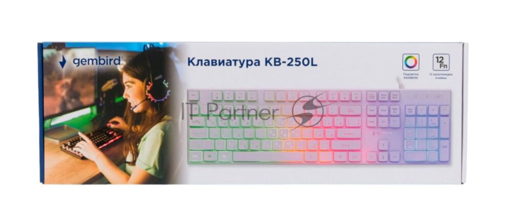 Проводная игровая клавиатура Gembird KB-250L-W, полноразмерная, 104кл, 12Fn, Rainbow, низкий профиль, 1.5м, белая