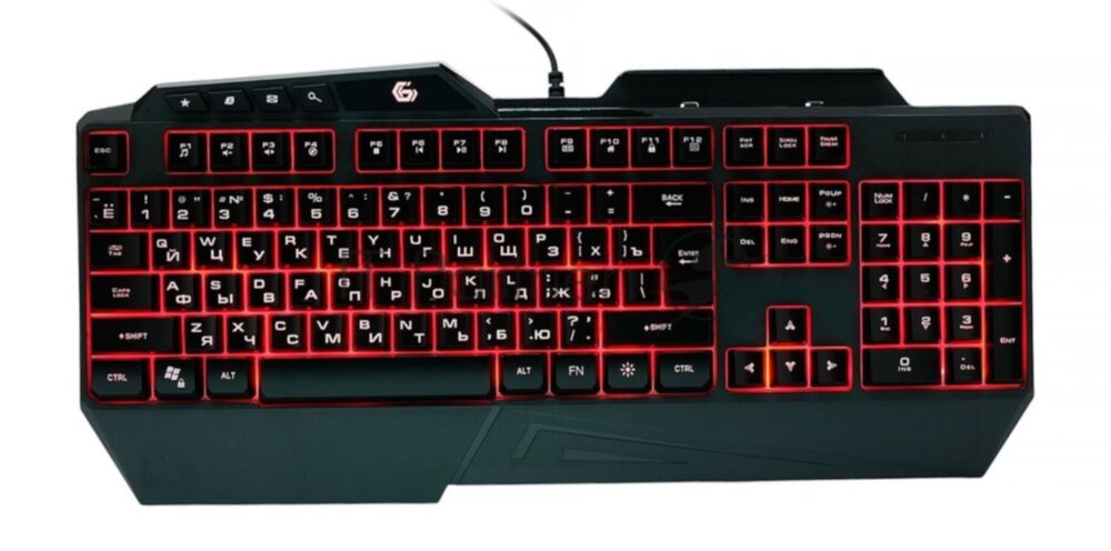Проводная игровая клавиатура Gembird KB-G450L, полноразмерная, 104кл+4доп, 12Fn, подсветка 3 цвета, подставка для тел, 1.5м, черная