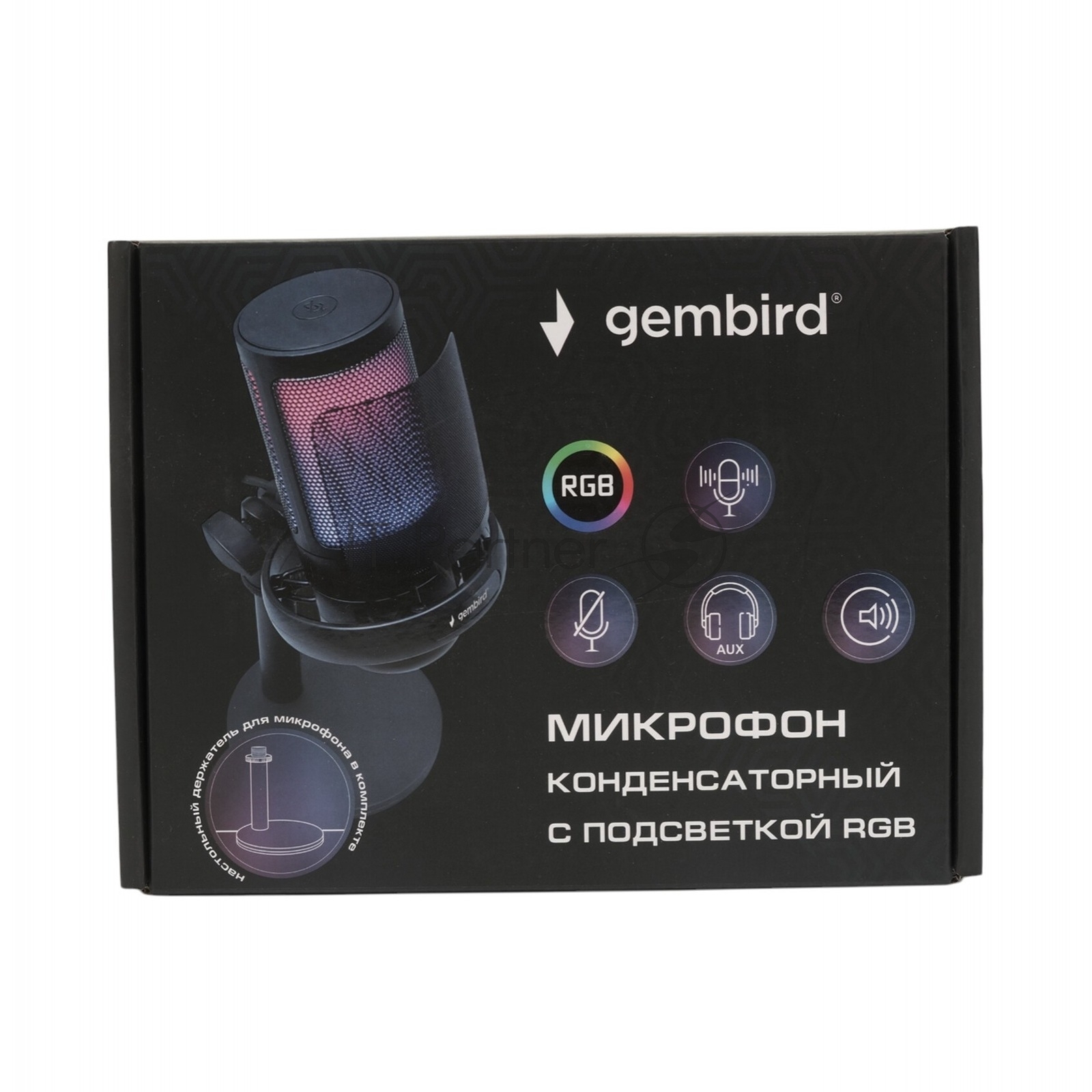 Микрофон конденсаторный Gembird M-01N, подсветка RGB, шумоподавление, настольный держатель, черный