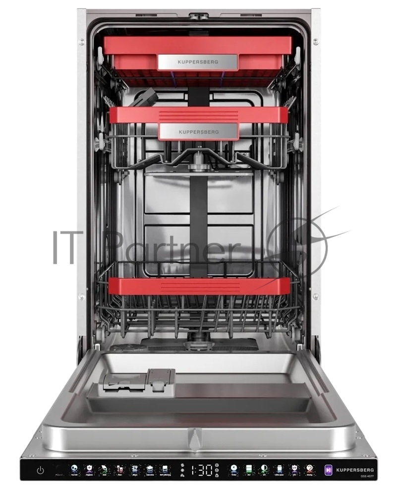 Встраиваемая посудомоечная машина Kuppersberg GSS 4577, High-Tech, 45 см, 10 комплектов, 3 корзины, 8 программ, конденсационная сушка, отсрочка старта 1-24 ч, инверторный мотор, LED подсветка, сенсорное управление, энергоэффективность А+++