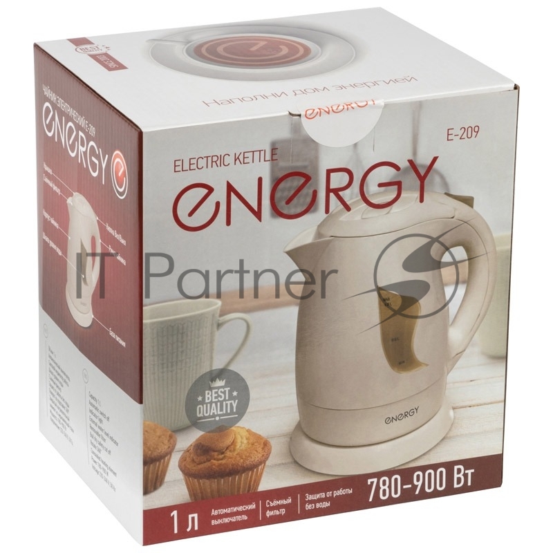 Чайник электрический Energy E-209 пластиковый,1л,бежевый, 780-900 Вт, 220В (в уп. 12 шт)