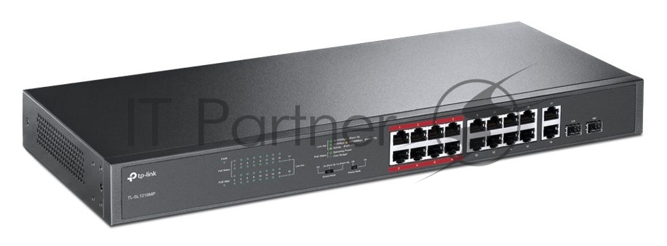 Коммутатор TP-LINK TL-SL1218MP Неуправляемый коммутатор PoE на 16 портов 10/100 Мбит/с и 2 гигабитных порта