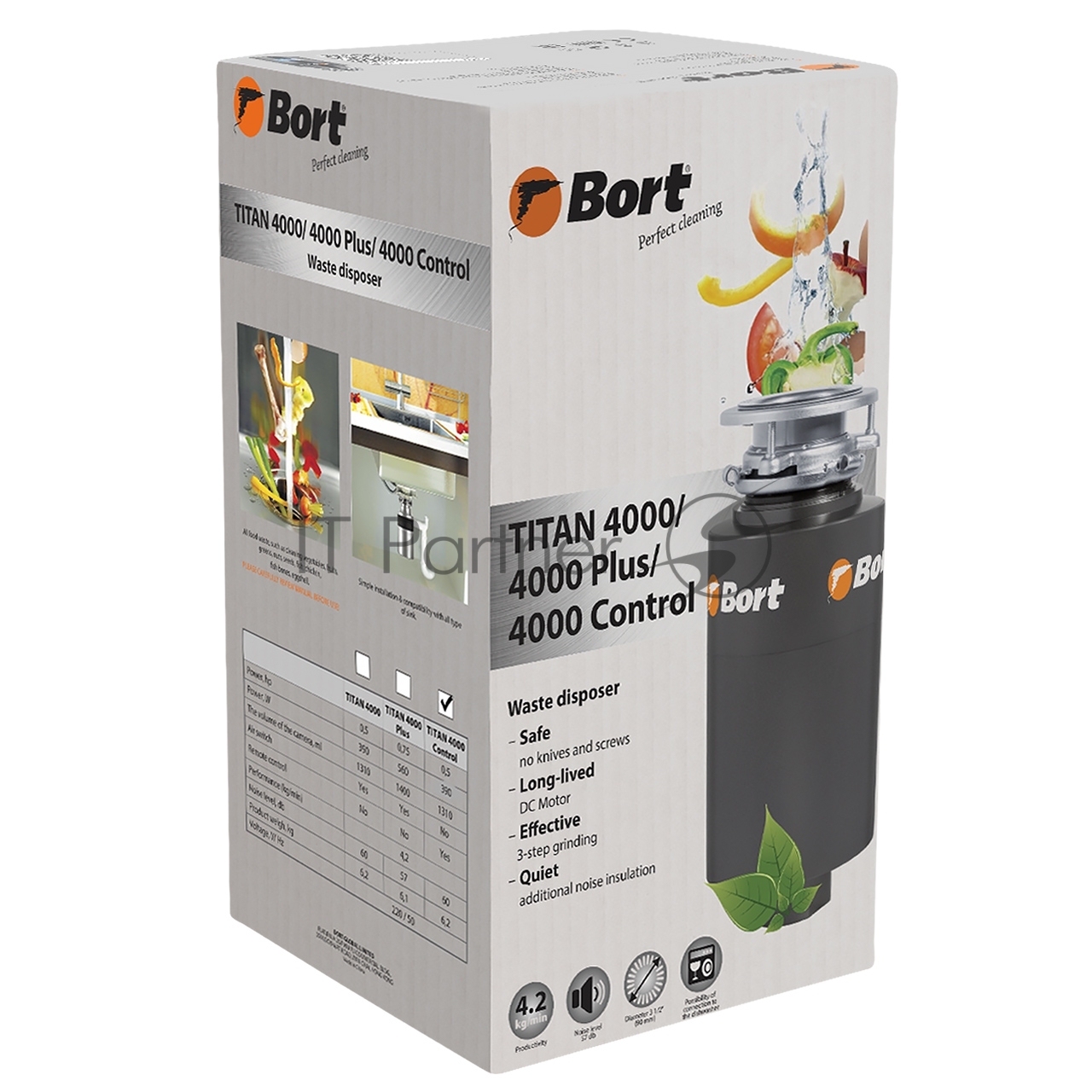 Измельчитель пищевых отходов Bort TITAN 4000 (Control) Мощность л.с. 0,75; 560 Вт; 4,2 кг/мин; 3200 об/мин; 1400 мл; Металл;набор аксессуаров 5 шт [93410242]